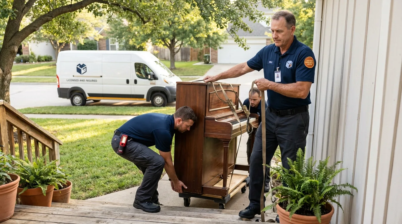 Licensed piano movers securing grand piano in Cross City, FL