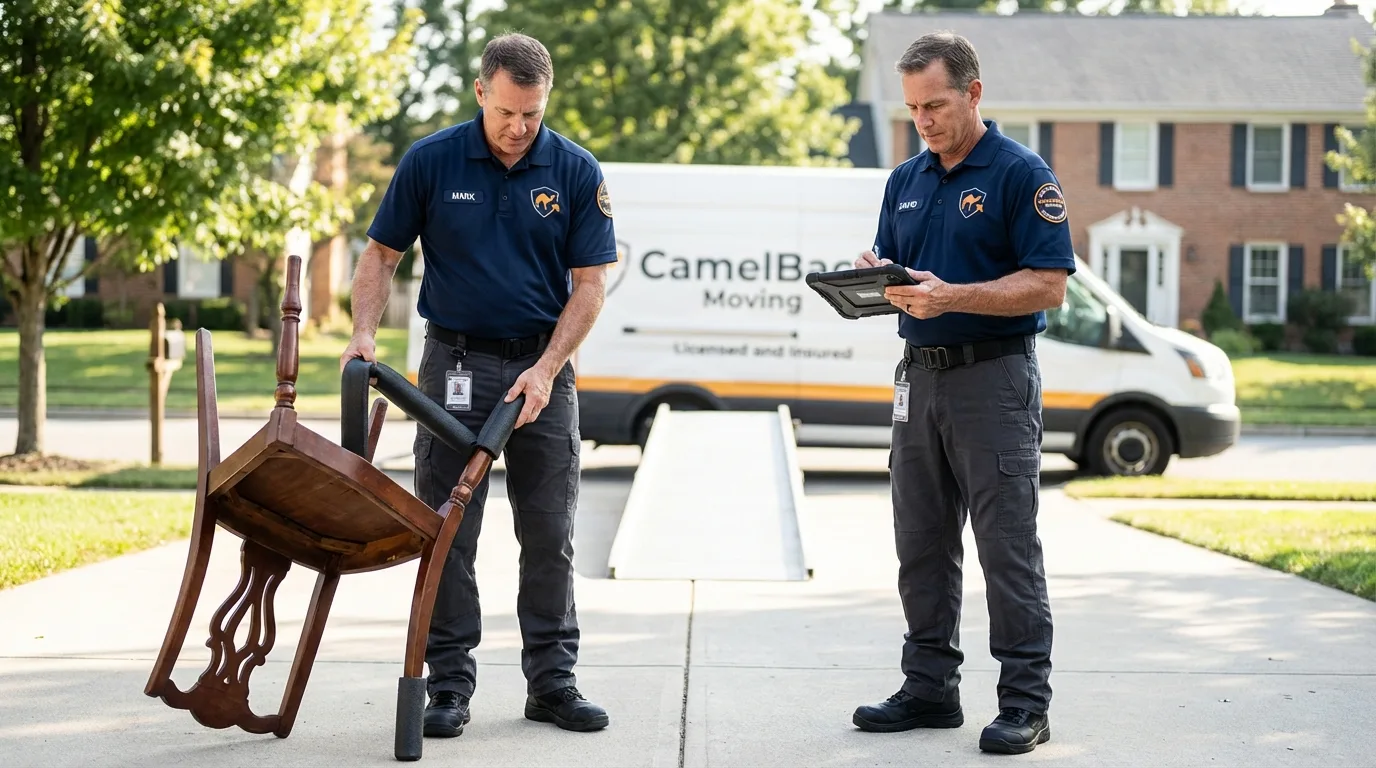 Movers inspecting furniture for damage prevention before loading in Cross City, FL
