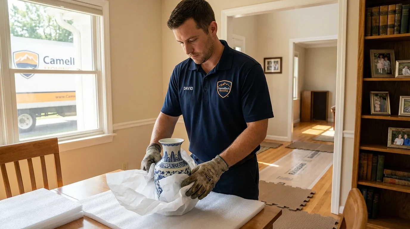 Professional crew carefully wrapping antique vase for senior downsizing move in Cross City, FL
